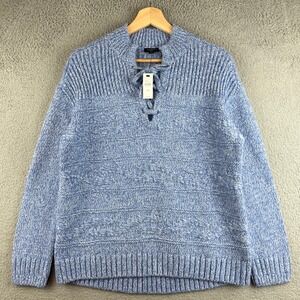 New Talbots Petite Medium Blue Marled Lace Up Mock Neck Cotton Blend Sweater